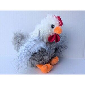 Shaggy ROOSTER Fluffy Gray White Chicken 7" Stuffed Animal Plush Red Crest